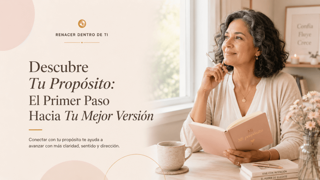 Mujer madura sosteniendo un diario de propósito junto a una ventana luminosa, en una imagen serena sobre autoconocimiento, claridad interior y crecimiento personal.