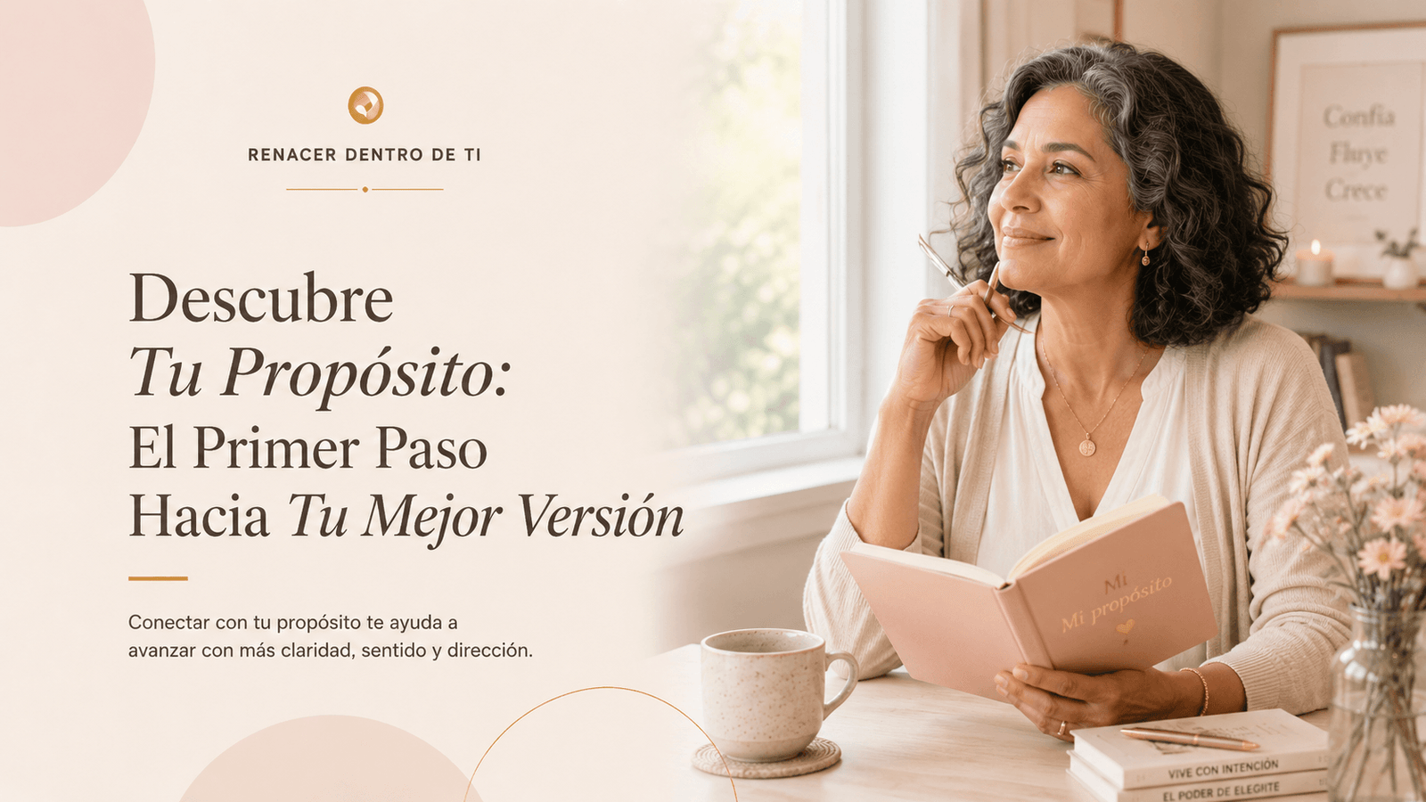 Mujer madura sosteniendo un diario de propósito junto a una ventana luminosa, en una imagen serena sobre autoconocimiento, claridad interior y crecimiento personal.