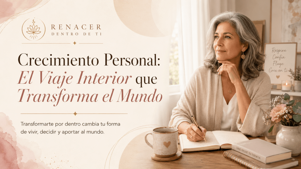 Mujer madura escribiendo en un diario junto a una ventana luminosa, en una imagen sobre crecimiento personal, viaje interior y transformación emocional.