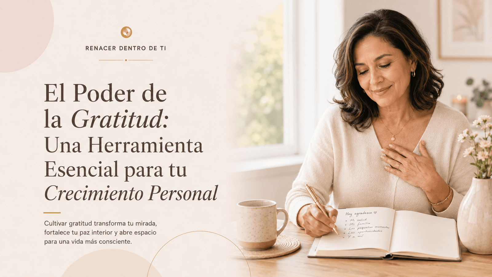 Mujer madura escribiendo en un diario de gratitud junto a una ventana luminosa, con una mano sobre el corazón, en una imagen elegante para un artículo sobre el poder de la gratitud y el crecimiento personal.