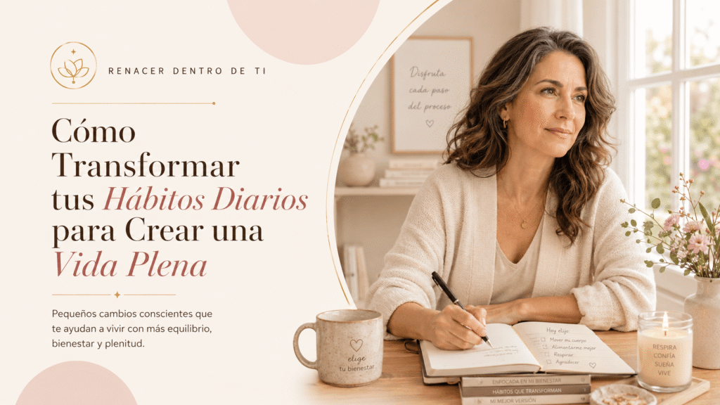 Mujer madura escribiendo en un diario de hábitos junto a una ventana luminosa, en una imagen serena sobre bienestar, equilibrio y vida plena.