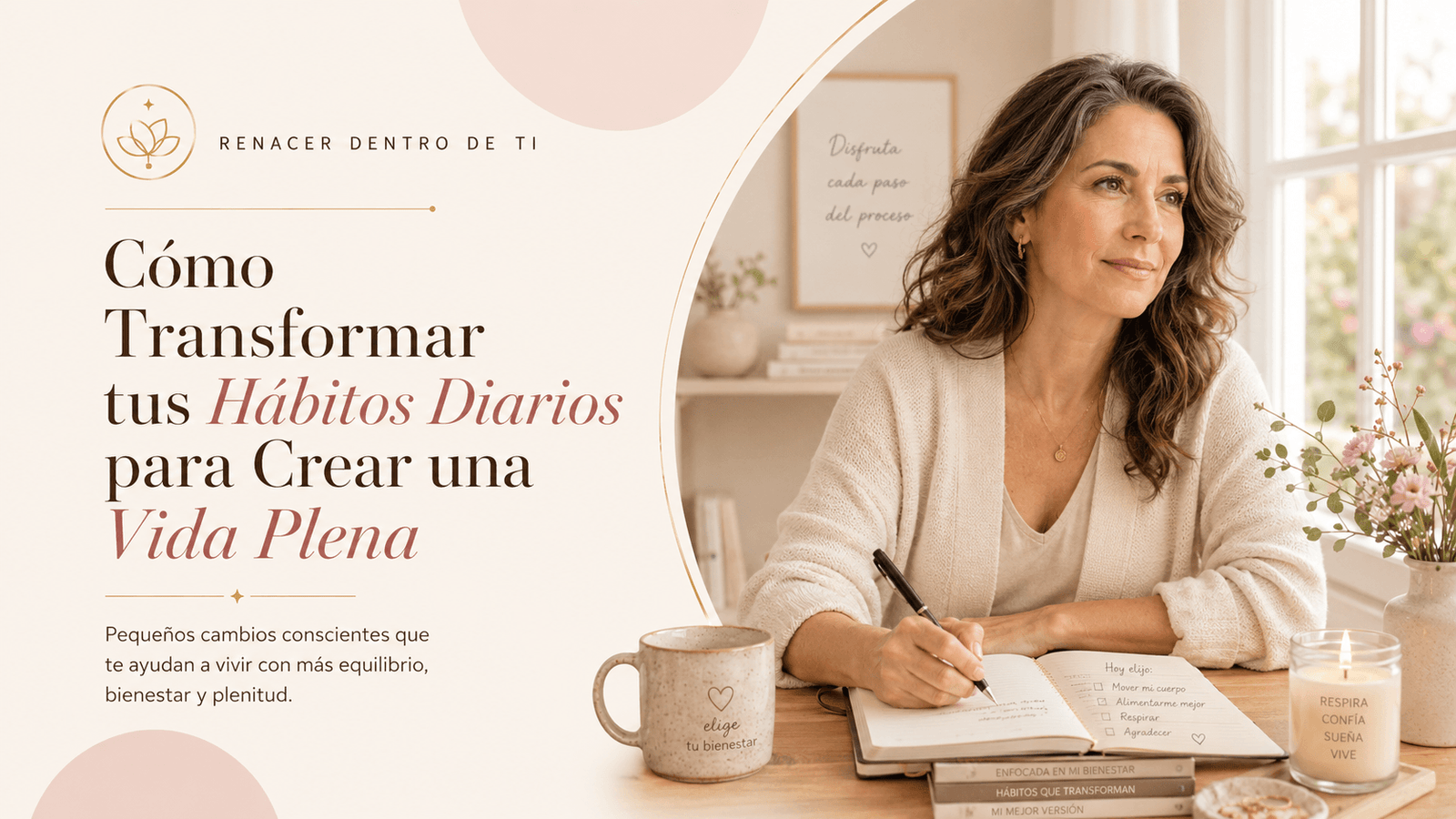 Mujer madura escribiendo en un diario de hábitos junto a una ventana luminosa, en una imagen serena sobre bienestar, equilibrio y vida plena.