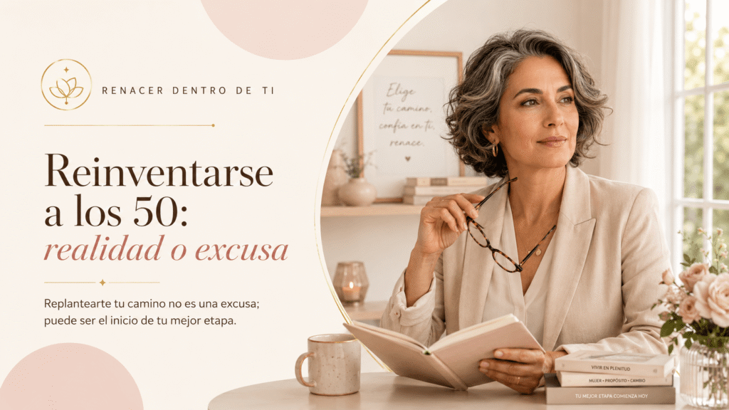Mujer de 50 años reflexionando sobre su reinvención profesional y una nueva etapa con propósito.