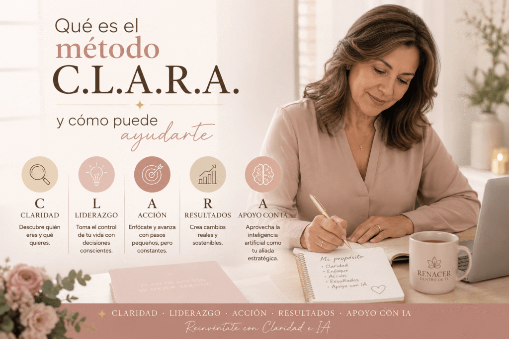 Mujer adulta escribiendo en una libreta mientras ordena sus ideas con el método C.L.A.R.A. y apoyo de inteligencia artificial.