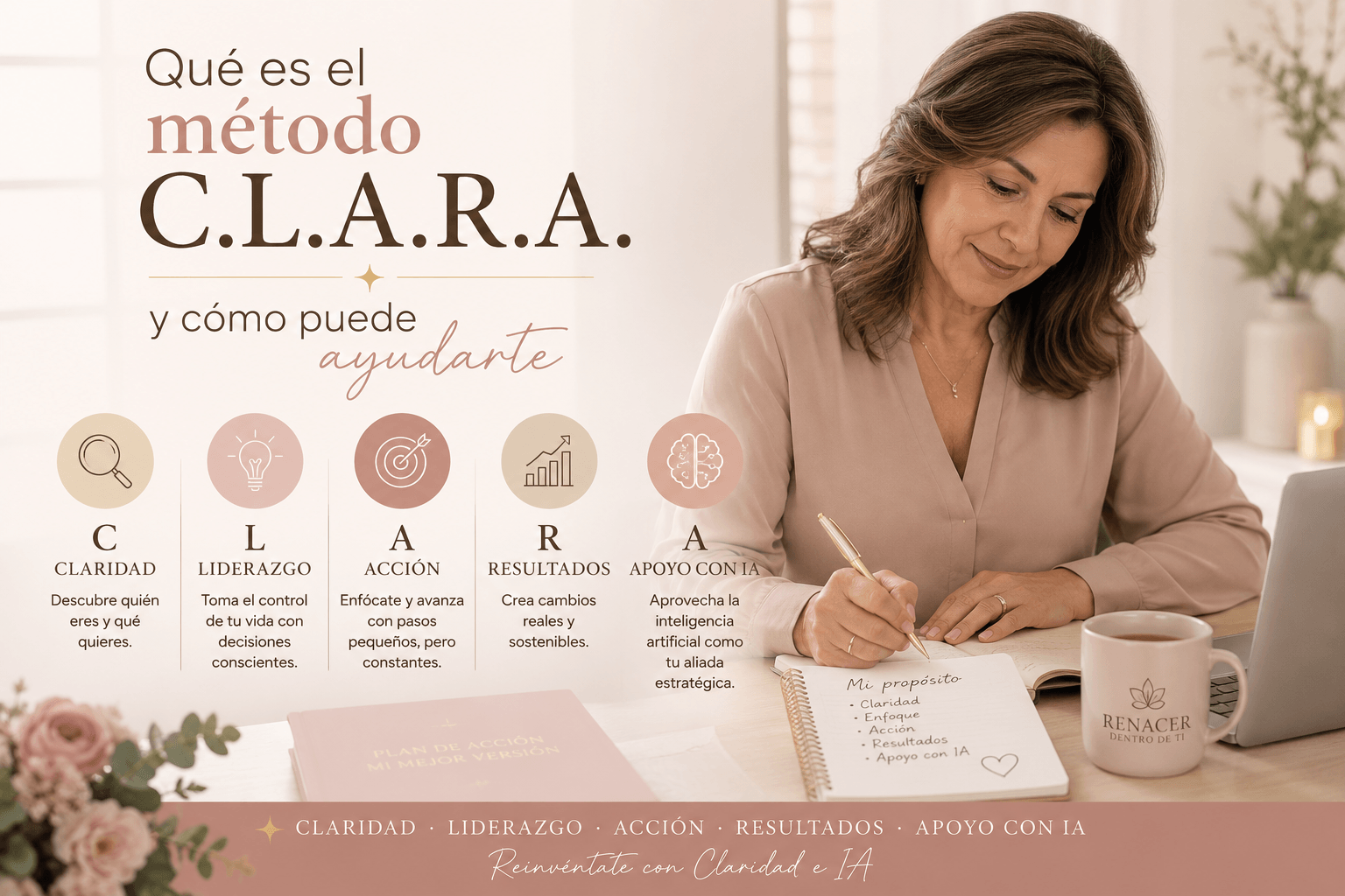 Mujer adulta escribiendo en una libreta mientras ordena sus ideas con el método C.L.A.R.A. y apoyo de inteligencia artificial.